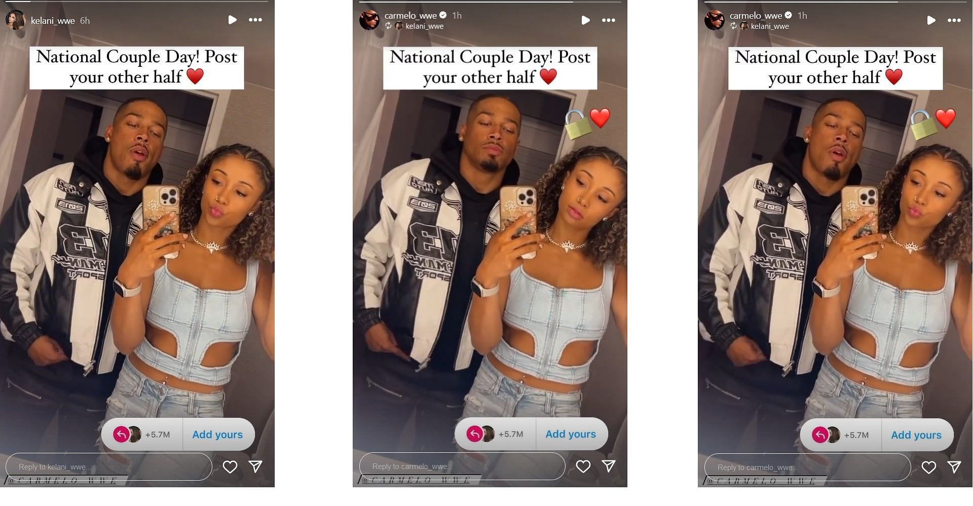 Screenshot of Carmelo Hayes' post with Kelani Jordan to Instagram Stories